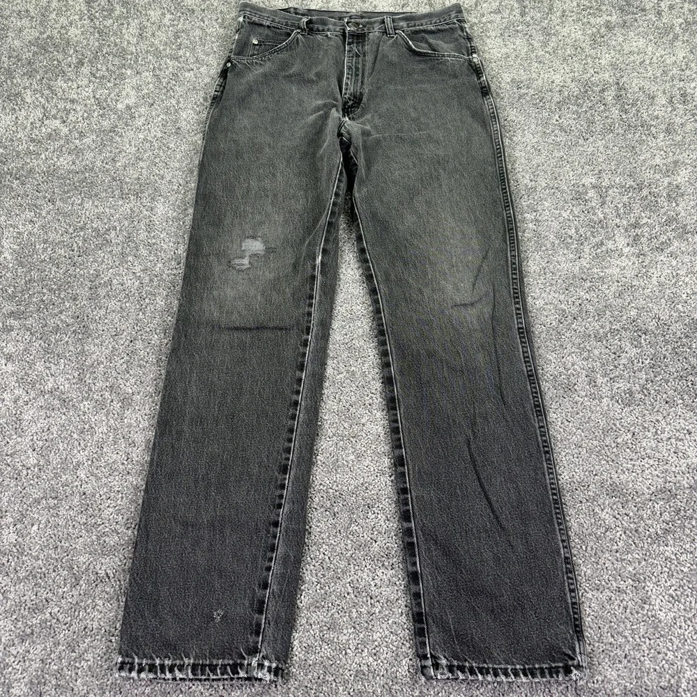 Vtg Wrangler Jeans Mens 34x34 Black Straight Leg Denim Charcoal Workwear Logo